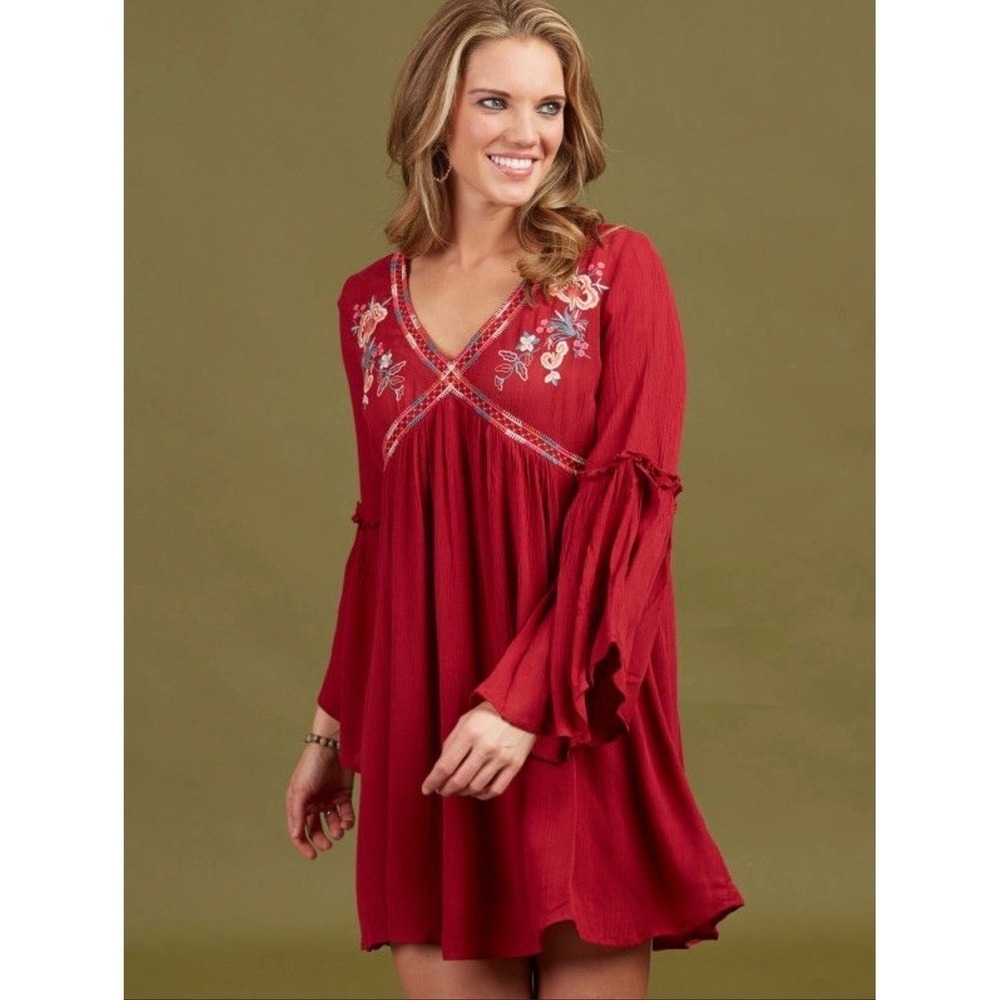 Altard State Embroidered Boho Festival Mini Dress Burgundy Bell Sleeve Floral S
